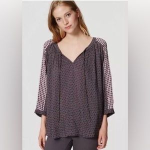 Loft Mixed Geo Peasant Blouse Brown Tile Floral -  size medium